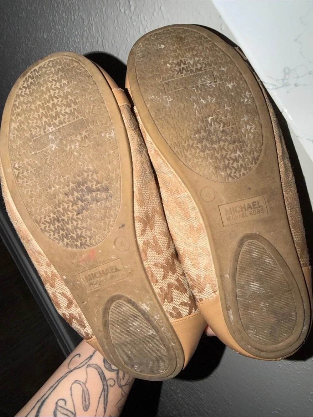 MICHAEL Michael Kors Tan Logo Ballet Flats with Gold MK Accent